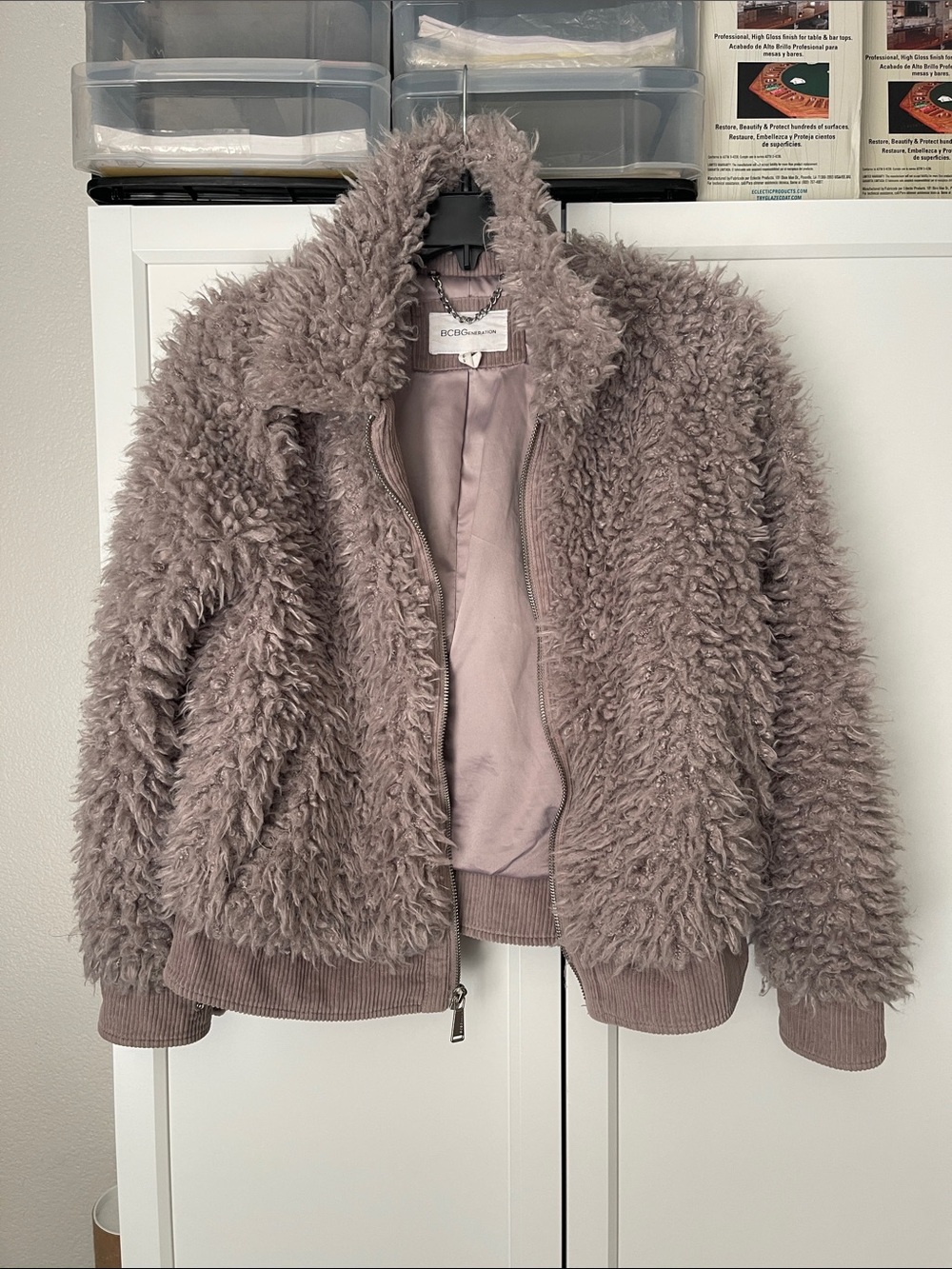 BCBGeneration Plush Teddy Bomber Jacket in Mauve